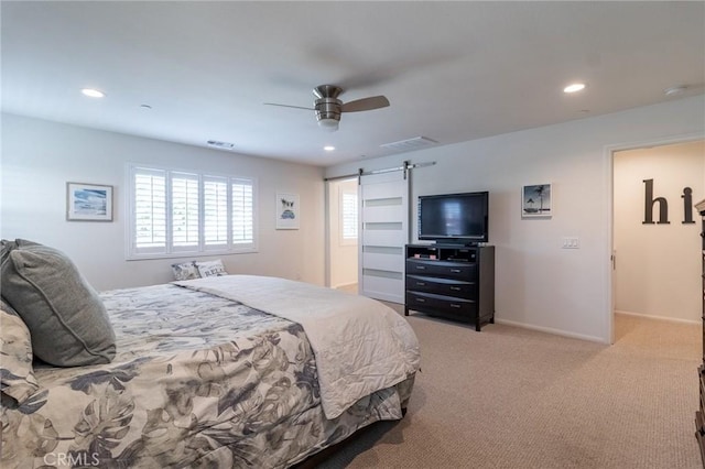 1827 Montecito Ln, Redlands, CA 92374 - bedroom featuring a barn door, recessed lighting, carpet flooring, and ceiling fan