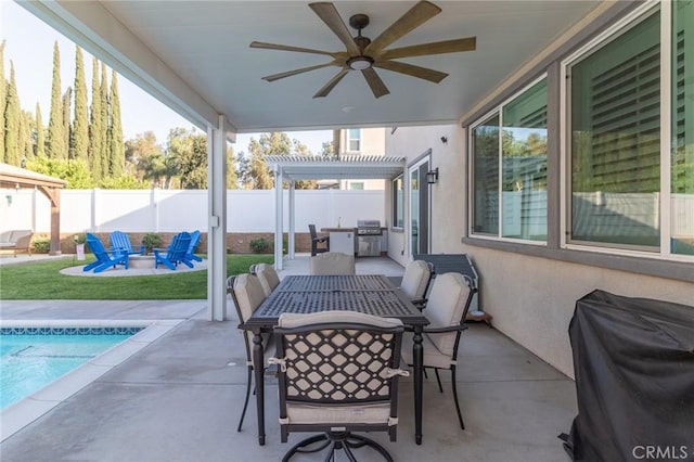 1827 Montecito Ln, Redlands, CA 92374 - fenced backyard with a pergola, a fire pit, a patio, and outdoor dining area