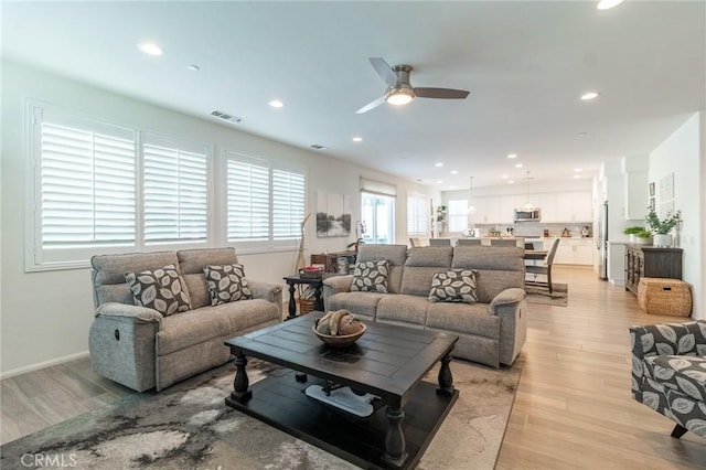 1827 Montecito Ln, Redlands, CA 92374 - living area featuring ceiling fan, light wood-style flooring, and recessed lighting