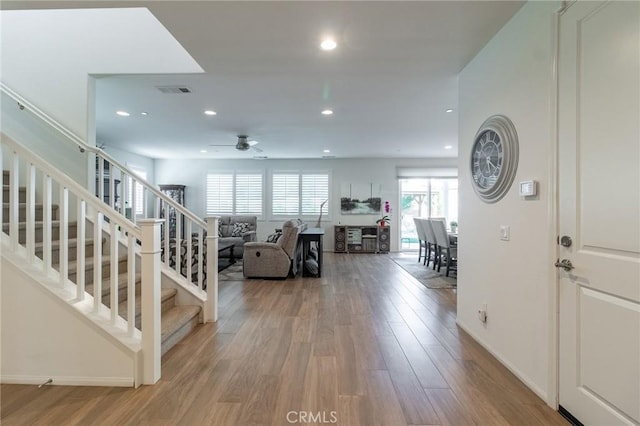 1827 Montecito Ln, Redlands, CA 92374 - foyer entrance featuring a ceiling fan, wood finished floors, recessed lighting, and stairway