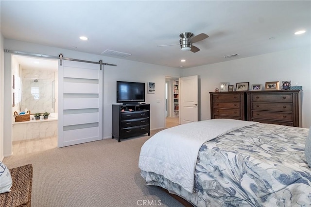 1827 Montecito Ln, Redlands, CA 92374 - carpeted bedroom featuring a barn door, recessed lighting, a ceiling fan, and connected bathroom
