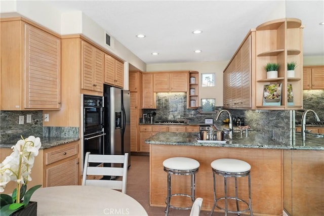 331 Parsons Lndg, Long Beach, CA 90803 - kitchen featuring open shelves, stainless steel fridge with ice dispenser, tasteful backsplash, a peninsula, and recessed lighting