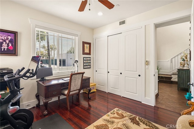 806 N Irena Ave Unit A, Redondo Beach, CA 90277 - office area featuring a ceiling fan, wood finished floors, and recessed lighting