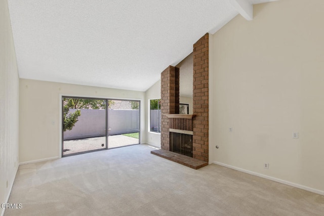4062 Bridgewood Ln, Thousand Oaks, CA 91362 - unfurnished living room with carpet floors, beam ceiling, a fireplace, and high vaulted ceiling