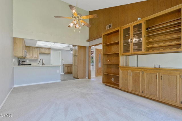 4062 Bridgewood Ln, Thousand Oaks, CA 91362 - unfurnished living room with a ceiling fan, light carpet, and high vaulted ceiling