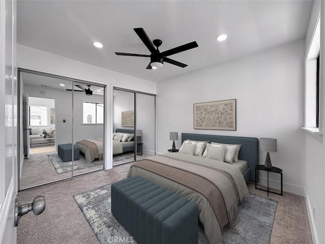 17333 Brookhurst St Unit D6, Fountain Valley, CA 92708 - bedroom with multiple closets, carpet flooring, recessed lighting, and ceiling fan