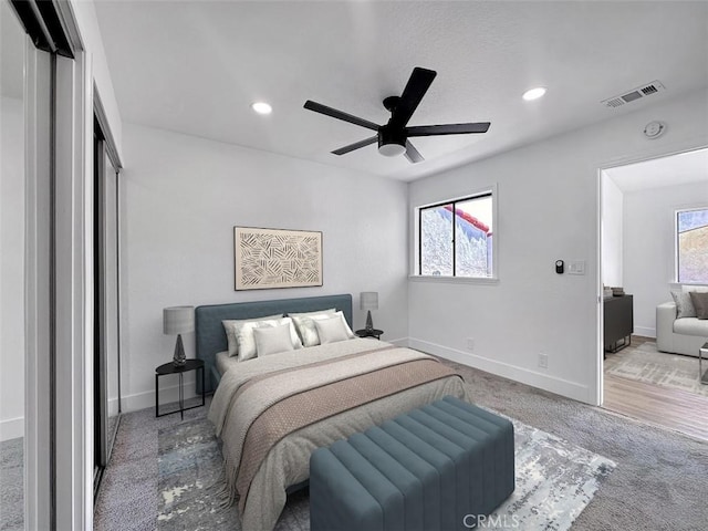 17333 Brookhurst St Unit D6, Fountain Valley, CA 92708 - carpeted bedroom featuring recessed lighting, a ceiling fan, and a closet