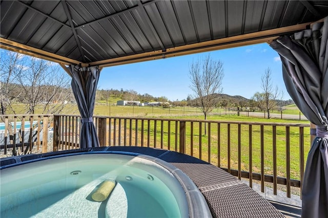 17432 Sendero Way, Lower Lake, CA 95457 - wooden deck with a hot tub, a lawn, a mountain view, and a gazebo