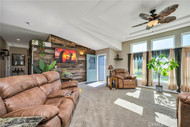 17432 Sendero Way, Lower Lake, CA 95457 - living area featuring wood walls, carpet flooring, a ceiling fan, and lofted ceiling