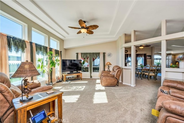 17432 Sendero Way, Lower Lake, CA 95457 - carpeted living room with a ceiling fan, healthy amount of natural light, and a raised ceiling