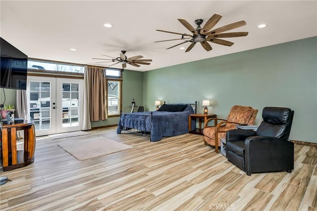 17432 Sendero Way, Lower Lake, CA 95457 - bedroom featuring access to outside, french doors, light wood-style flooring, recessed lighting, and a ceiling fan