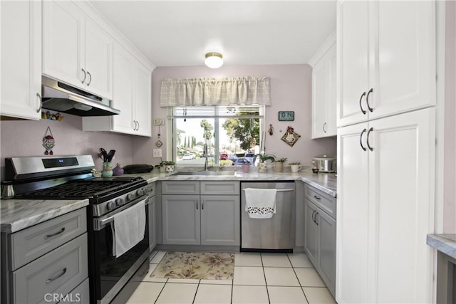 23011 Aspan St, Lake Forest, CA 92630 - kitchen featuring stainless steel appliances, under cabinet range hood, gray cabinetry, light countertops, and white cabinetry