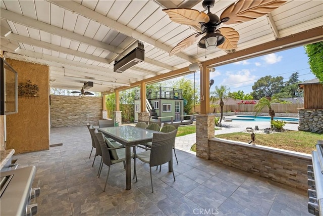 4919 Dunsmore Ave, La Crescenta, CA 91214 - fenced backyard with a ceiling fan, outdoor dining space, stairs, and a patio area