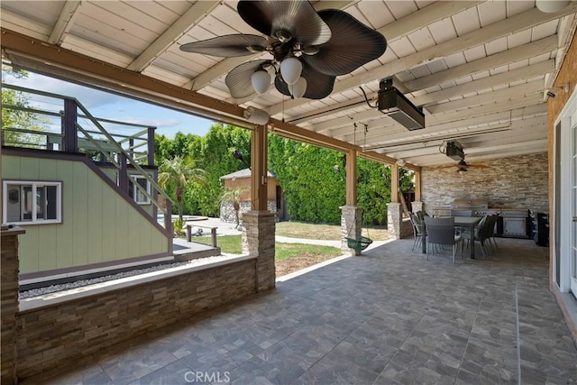 4919 Dunsmore Ave, La Crescenta, CA 91214 - view of patio with outdoor dining space, a ceiling fan, and an outdoor structure