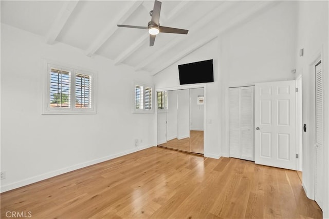 4919 Dunsmore Ave, La Crescenta, CA 91214 - unfurnished bedroom featuring multiple closets, high vaulted ceiling, beam ceiling, light wood-style flooring, and a ceiling fan
