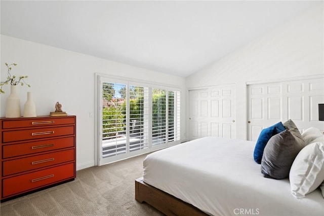 403 Vista Parada, Newport Beach, CA 92660 - carpeted bedroom with access to outside, multiple closets, and lofted ceiling