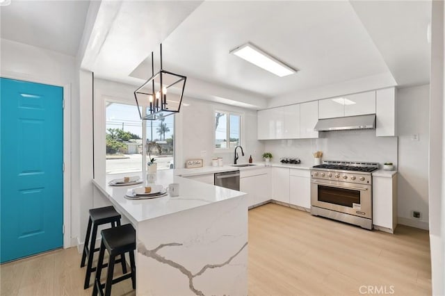 2321 W 182nd St, Torrance, CA 90504 - kitchen featuring stainless steel appliances, under cabinet range hood, white cabinets, and light wood-style flooring