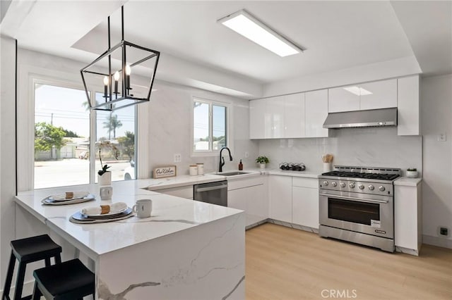 2321 W 182nd St, Torrance, CA 90504 - kitchen featuring stainless steel appliances, extractor fan, a peninsula, white cabinetry, and light wood finished floors
