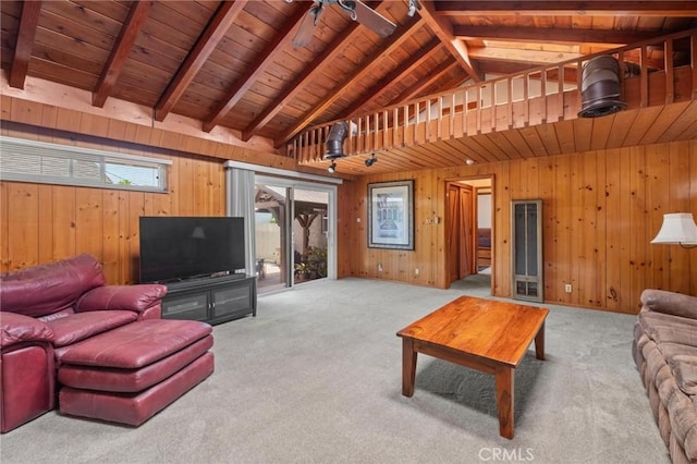 5353 W 121st St, Hawthorne, CA 90250 - living area featuring carpet flooring, wooden walls, and wooden ceiling