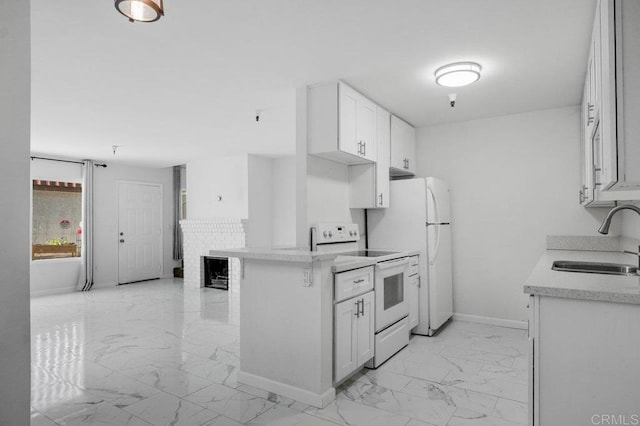 3050 Suncrest Dr Unit 7, San Diego, CA 92116 - kitchen with white appliances, light marble finish flooring, light countertops, white cabinetry, and a peninsula