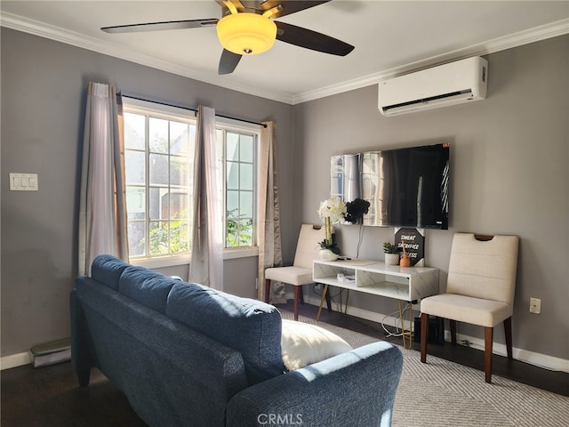 4312 Walton Ave, Los Angeles, CA 90037 - living area with an AC wall unit, ornamental molding, a ceiling fan, and baseboard heating