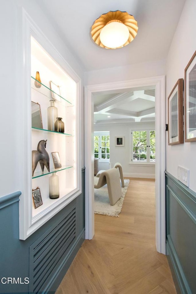 1036 S Madison Ave, Pasadena, CA 91106 - corridor with beamed ceiling, wood finished floors, coffered ceiling, and french doors