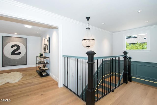 1036 S Madison Ave, Pasadena, CA 91106 - hallway featuring an upstairs landing, light wood-style flooring, ornamental molding, and recessed lighting