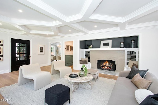 1036 S Madison Ave, Pasadena, CA 91106 - living room with crown molding, coffered ceiling, beam ceiling, a brick fireplace, and wood finished floors