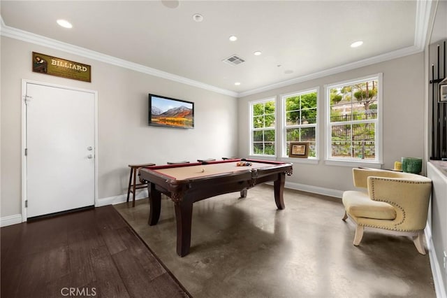 17286 Coriander Ct, Yorba Linda, CA 92886 - playroom with pool table, recessed lighting, ornamental molding, and dark wood-type flooring