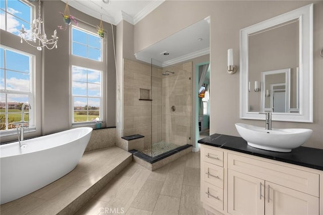 17286 Coriander Ct, Yorba Linda, CA 92886 - bathroom with crown molding, a walk in shower, vanity, a soaking tub, and a chandelier