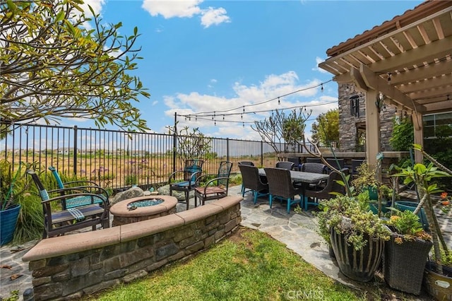 17286 Coriander Ct, Yorba Linda, CA 92886 - view of patio with an outdoor fire pit, a pergola, and outdoor dining space