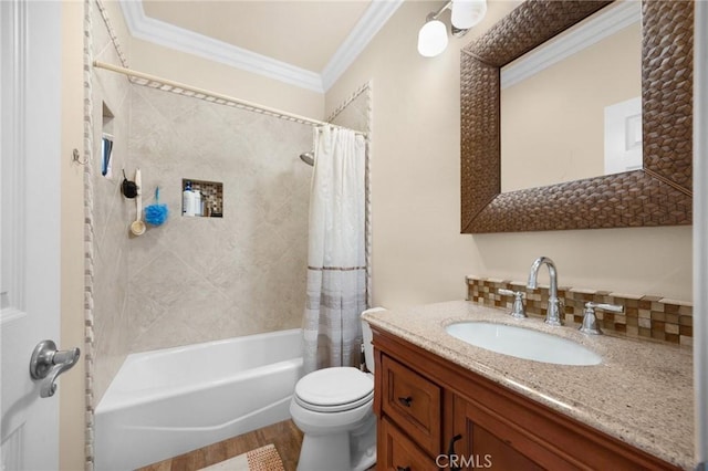 17286 Coriander Ct, Yorba Linda, CA 92886 - full bath with vanity, shower / bathtub combination with curtain, crown molding, and wood finished floors