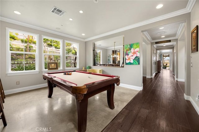 17286 Coriander Ct, Yorba Linda, CA 92886 - game room with recessed lighting, billiards, ornamental molding, and wood finished floors
