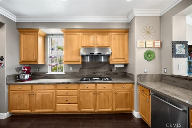 17286 Coriander Ct, Yorba Linda, CA 92886 - kitchen with appliances with stainless steel finishes, under cabinet range hood, crown molding, and dark wood-style floors