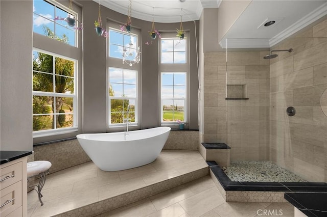 17286 Coriander Ct, Yorba Linda, CA 92886 - full bathroom with tiled shower, a soaking tub, crown molding, tile patterned floors, and vanity