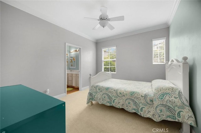 17286 Coriander Ct, Yorba Linda, CA 92886 - carpeted bedroom with crown molding, ceiling fan, and connected bathroom