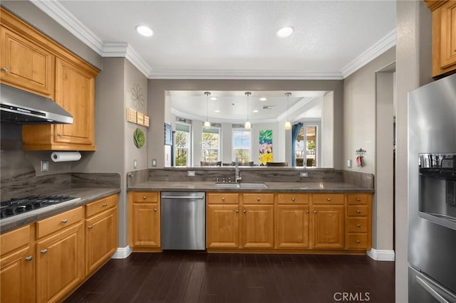 17286 Coriander Ct, Yorba Linda, CA 92886 - kitchen featuring appliances with stainless steel finishes, under cabinet range hood, crown molding, dark wood-style flooring, and brown cabinets