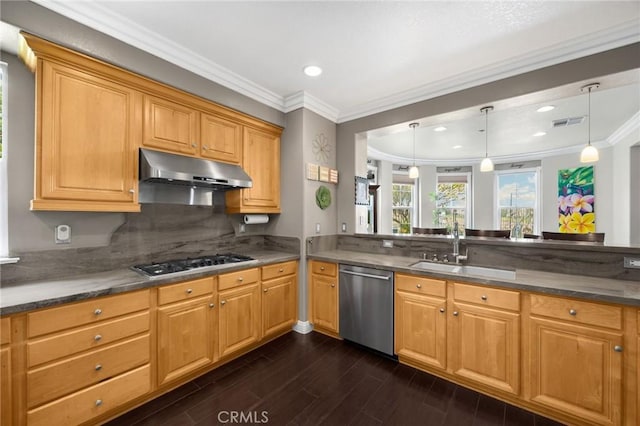 17286 Coriander Ct, Yorba Linda, CA 92886 - kitchen featuring appliances with stainless steel finishes, under cabinet range hood, crown molding, dark wood finished floors, and recessed lighting