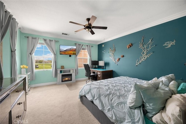 17286 Coriander Ct, Yorba Linda, CA 92886 - carpeted bedroom with ornamental molding, a glass covered fireplace, and ceiling fan