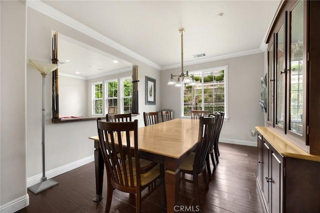 17286 Coriander Ct, Yorba Linda, CA 92886 - dining area featuring dark wood-type flooring, ornamental molding, recessed lighting, and a chandelier