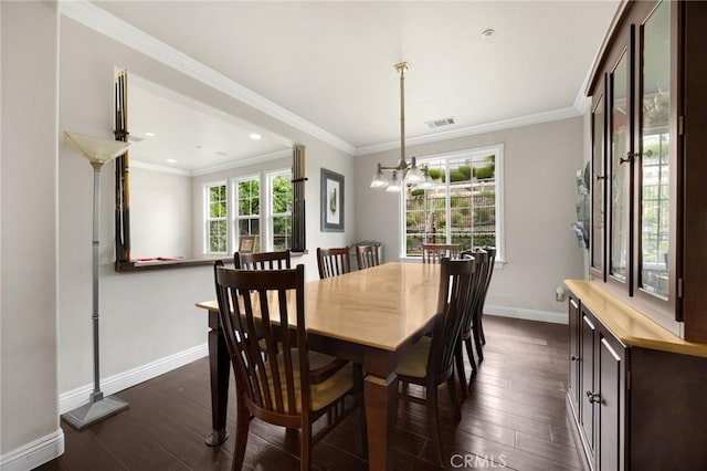 17286 Coriander Ct, Yorba Linda, CA 92886 - dining room featuring dark wood-type flooring, crown molding, recessed lighting, and a chandelier