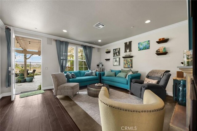 17286 Coriander Ct, Yorba Linda, CA 92886 - living room with crown molding, dark wood-style flooring, and recessed lighting