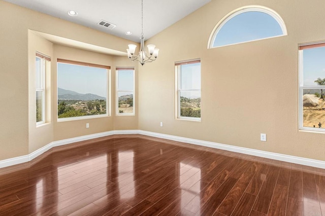 14694 Chaparral Slope Rd, Jamul, CA 91935 - unfurnished room featuring a chandelier, wood finished floors, vaulted ceiling, and recessed lighting