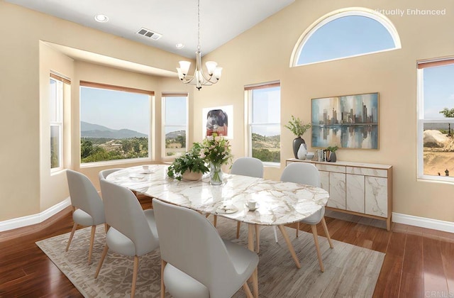 14694 Chaparral Slope Rd, Jamul, CA 91935 - dining space with a chandelier, wood finished floors, plenty of natural light, recessed lighting, and a mountain view