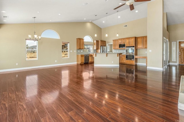 14694 Chaparral Slope Rd, Jamul, CA 91935 - living room featuring high vaulted ceiling, a ceiling fan, a chandelier, dark wood-style floors, and recessed lighting