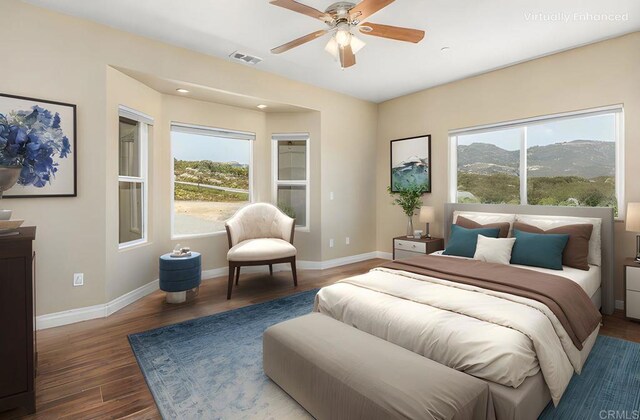 14694 Chaparral Slope Rd, Jamul, CA 91935 - bedroom featuring multiple windows, wood finished floors, a mountain view, and ceiling fan