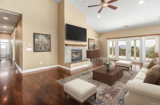14694 Chaparral Slope Rd, Jamul, CA 91935 - living room with ceiling fan, high vaulted ceiling, wood finished floors, recessed lighting, and a tile fireplace