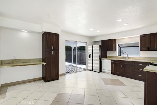 24409 Dunlavy Ct, Moreno Valley, CA 92557 - kitchen with stainless steel fridge with ice dispenser, dishwasher, dark brown cabinets, and recessed lighting