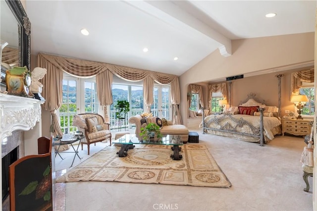 3541 Westfall Dr, Encino, CA 91436 - bedroom with access to exterior, recessed lighting, carpet floors, and a high end fireplace