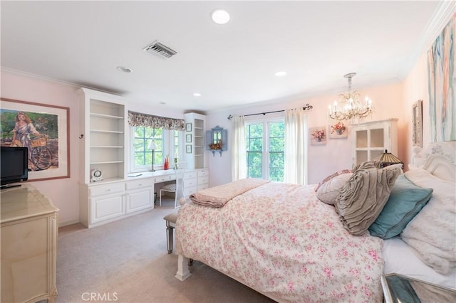 3541 Westfall Dr, Encino, CA 91436 - bedroom with multiple windows, a chandelier, light carpet, crown molding, and recessed lighting